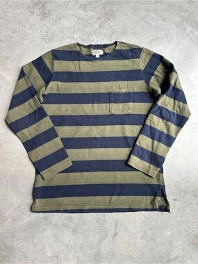 Striped Long Sleeve Pocket Tee in Olive & Navy